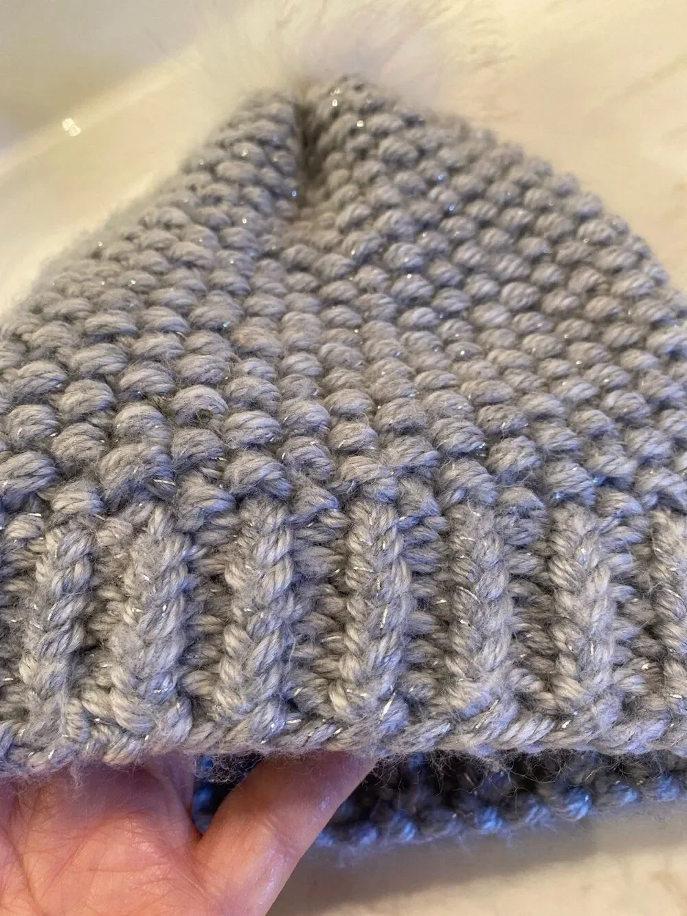 Boutique Gray Knit Pom Beanie‎ Cozy Stocking Hat Sparkle Thread Faux Fur Pom